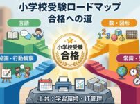 小学校受験の合格に向けて言語・数・常識などの対策分野をまとめたロードマップ図解。
