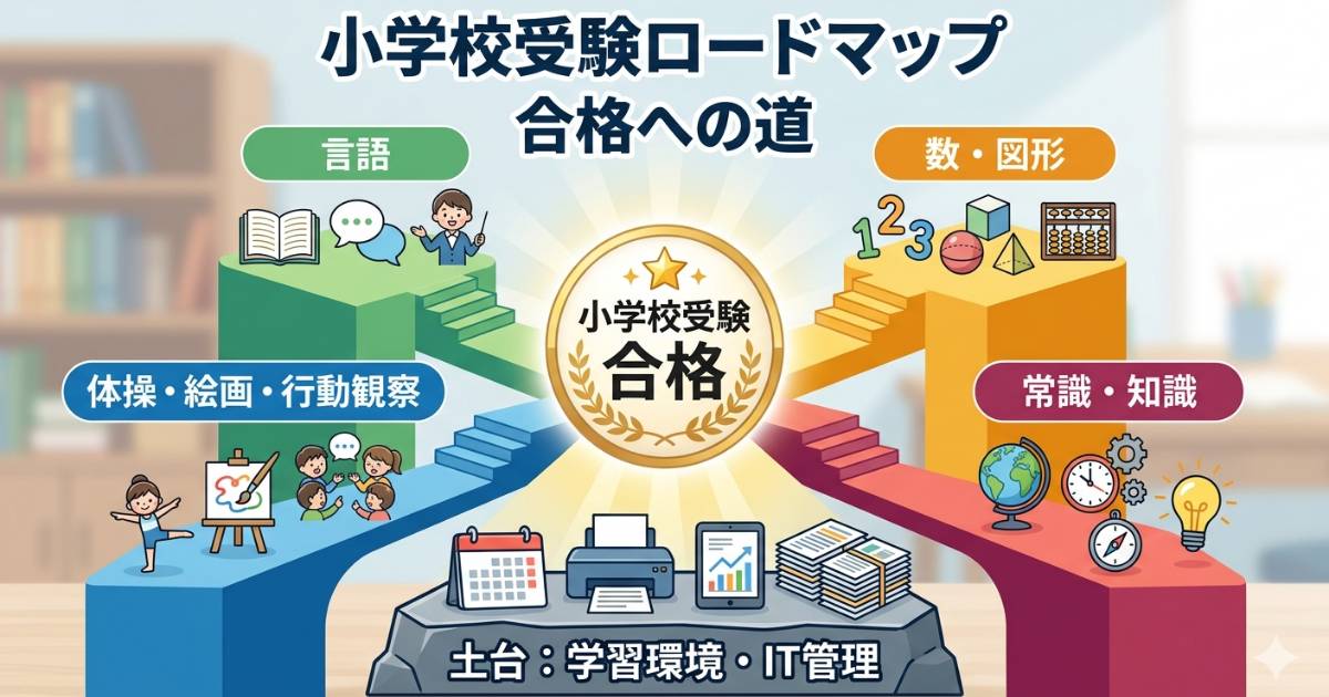 小学校受験の合格に向けて言語・数・常識などの対策分野をまとめたロードマップ図解。